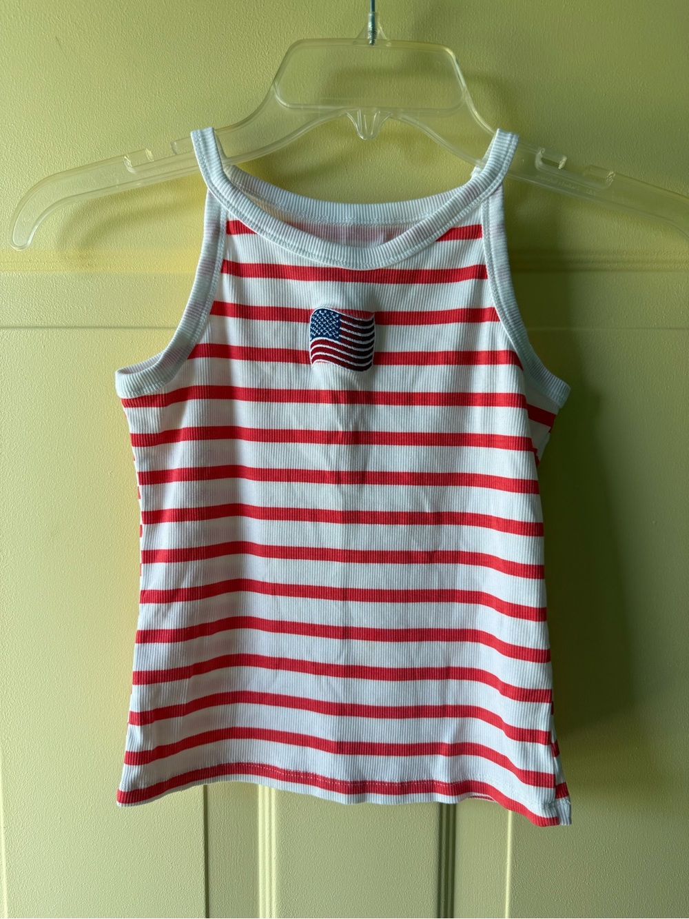 Girls Red and White Striped Tank Top with Flag Patch